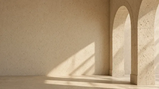 Sunlit Travertine Archway with Quiet Architectural Shadow Play