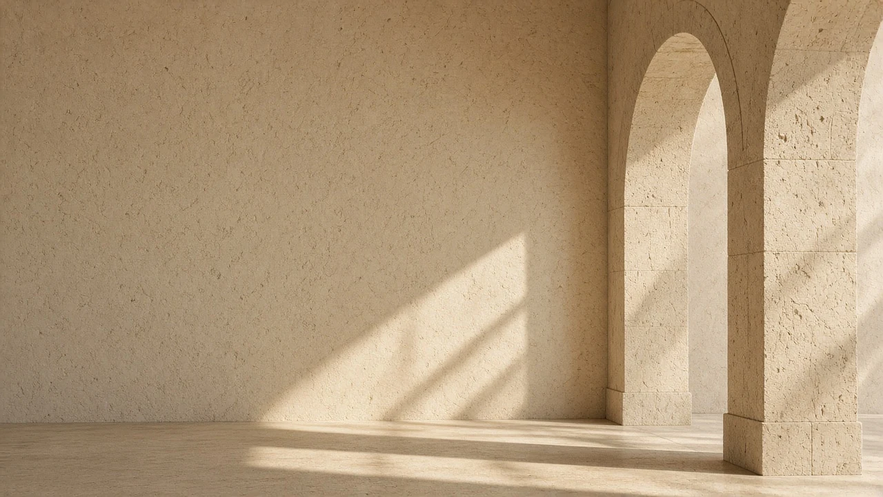 Sunlit Travertine Archway with Quiet Architectural Shadow Play