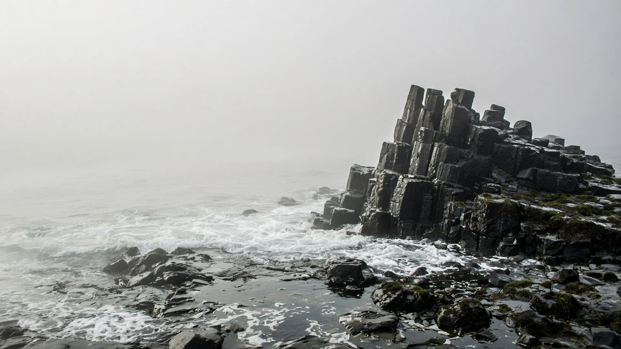 Basalt Monolith Base Dissolving into Luminous High Sea Fog