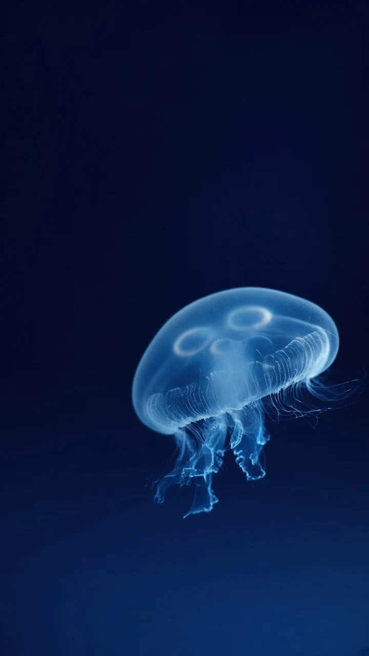 Bioluminescent Abyssal Jellyfish Drifting in Deep Oceanic Indigo