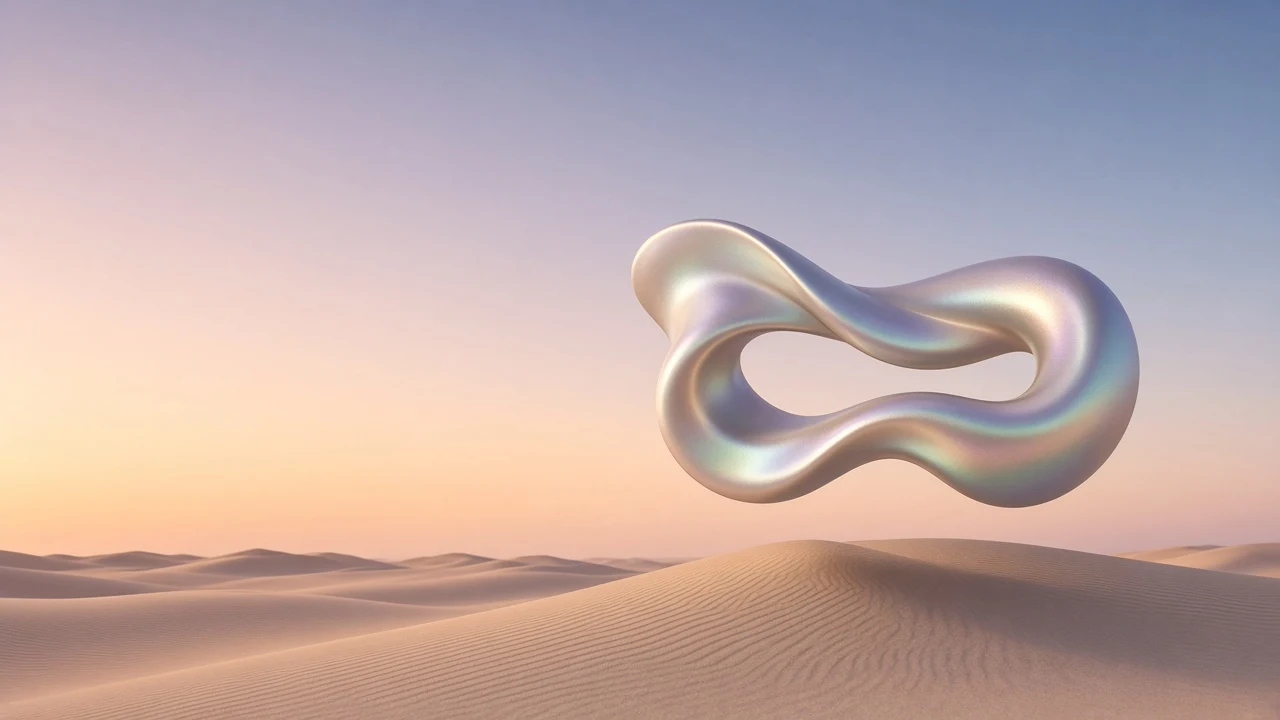 Iridescent Monolithic Ribbon Floating Above Warm Dune Sands
