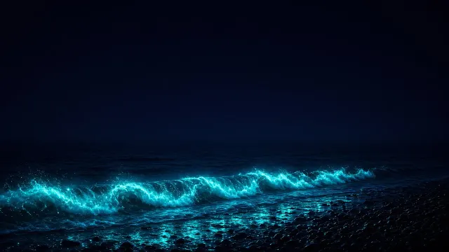 Bioluminescent Shoreline Ripples on Dark Basalt Sand
