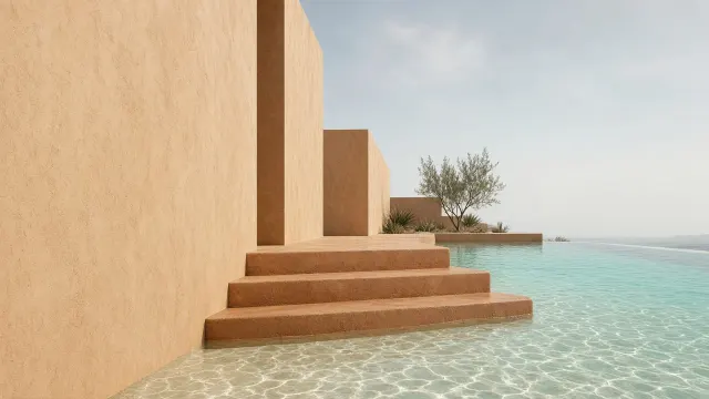 Terracotta Courtyard Steps Descending into Quiet Turquoise Basin