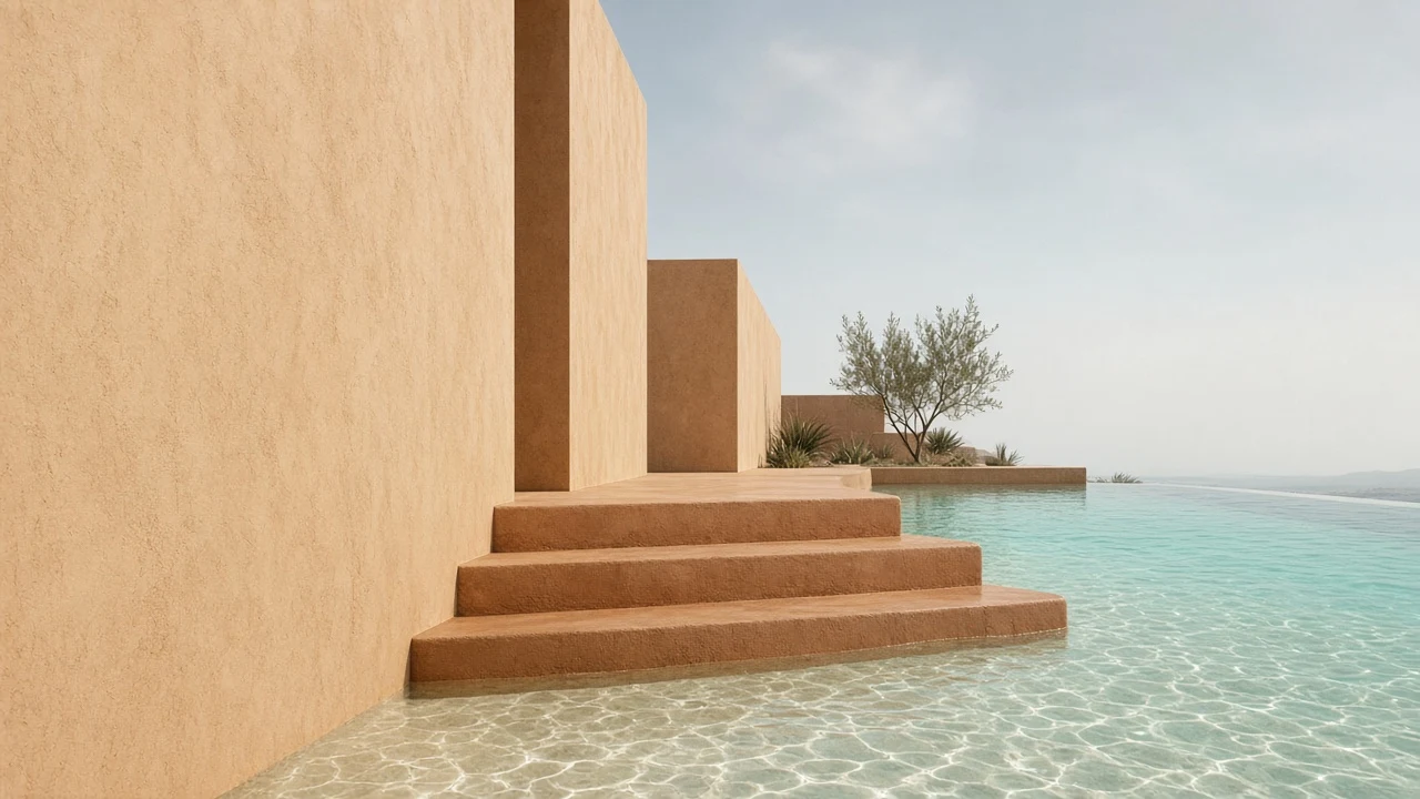Terracotta Courtyard Steps Descending into Quiet Turquoise Basin