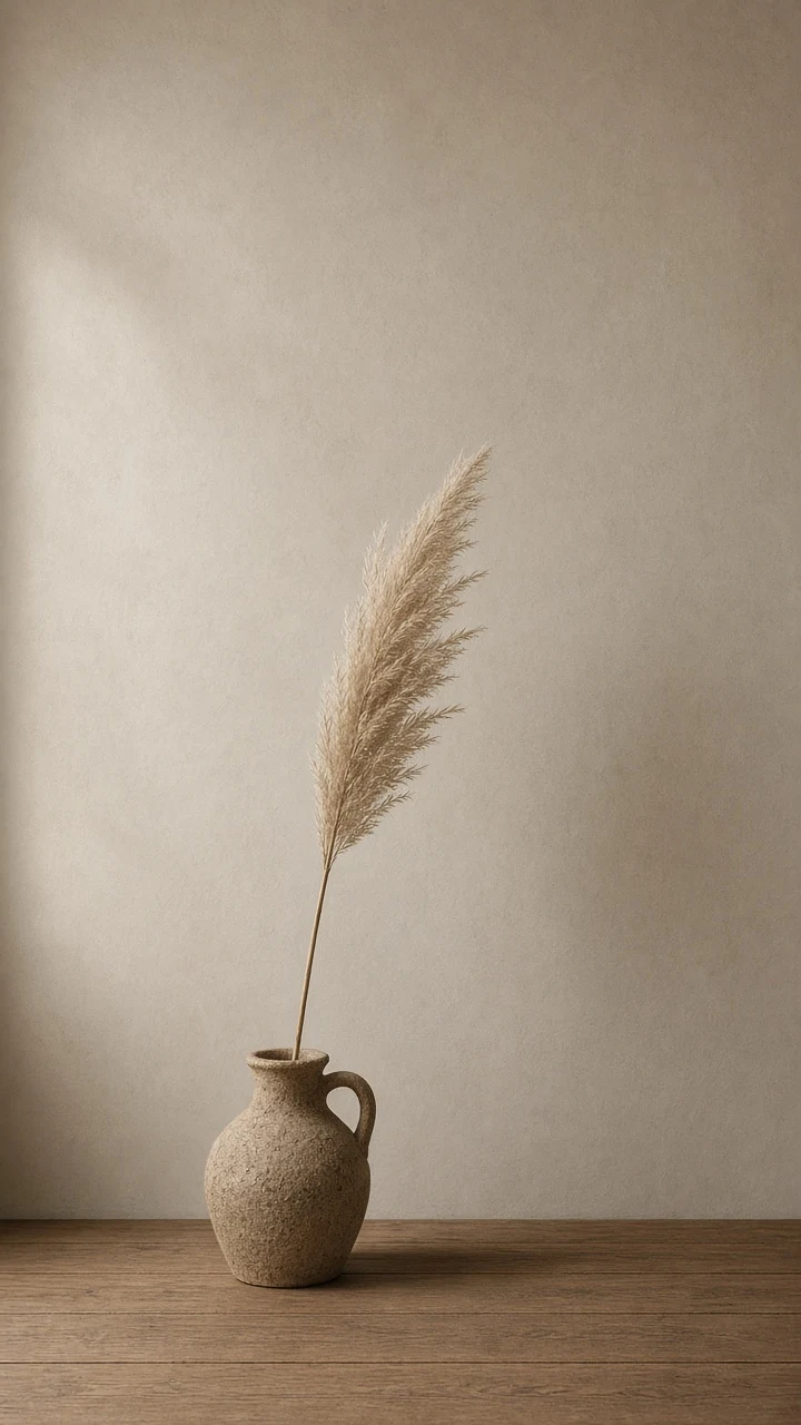 Single Ceramic Vase with Dried Pampas Grass Against Chalk Wall