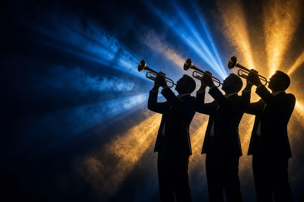 Fanfare Silhouette Across Stage Smoke and Backlight