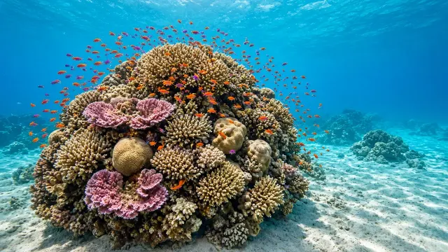 Sun-Drenched Coral Bommie Swarming with Anthias in the Great Barrier Reef