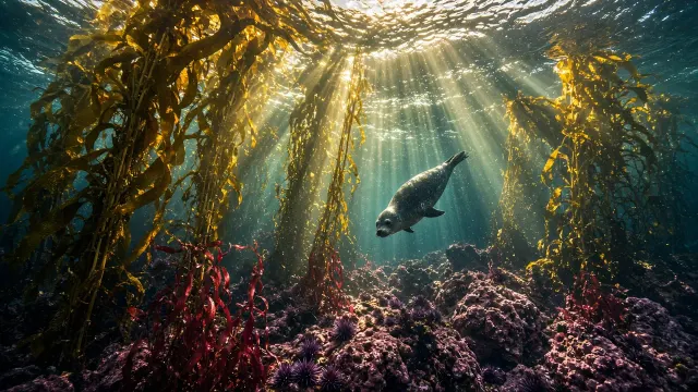Sunlit Giant Kelp Cathedral with Playful Harbor Seal off Monterey