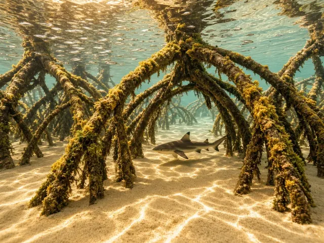 Red Sea Mangrove Nursery with Juvenile Sharks and Stilt Roots