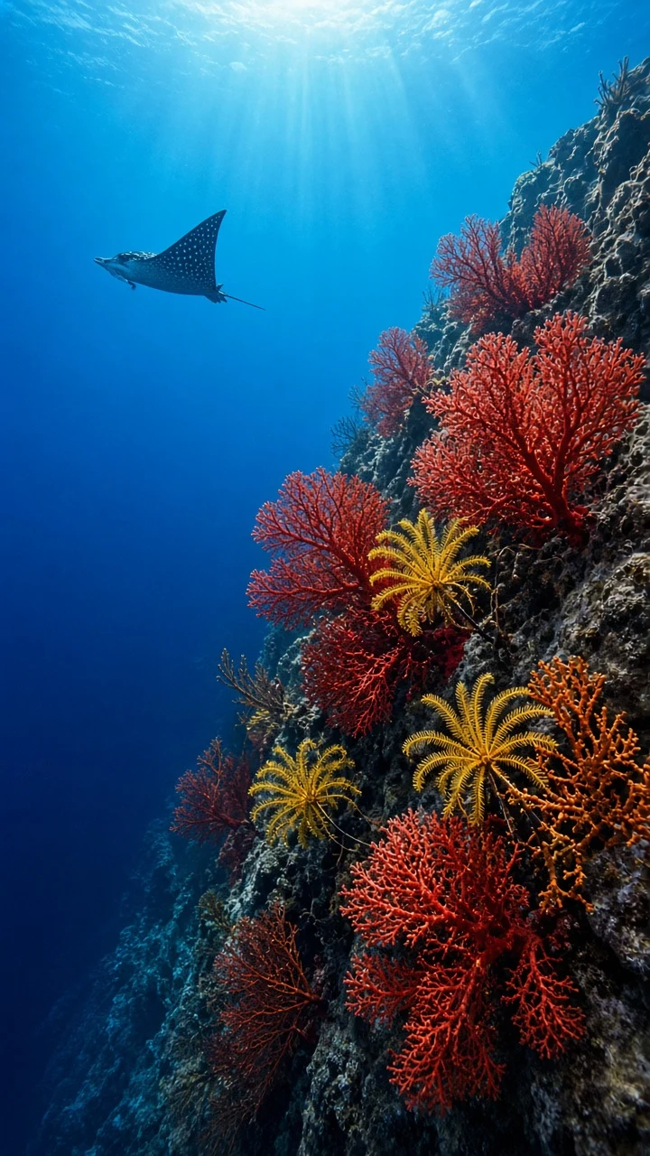 Vertical Oceanic Abyss Wall with Massive Gorgonian Fans and Descending Ray