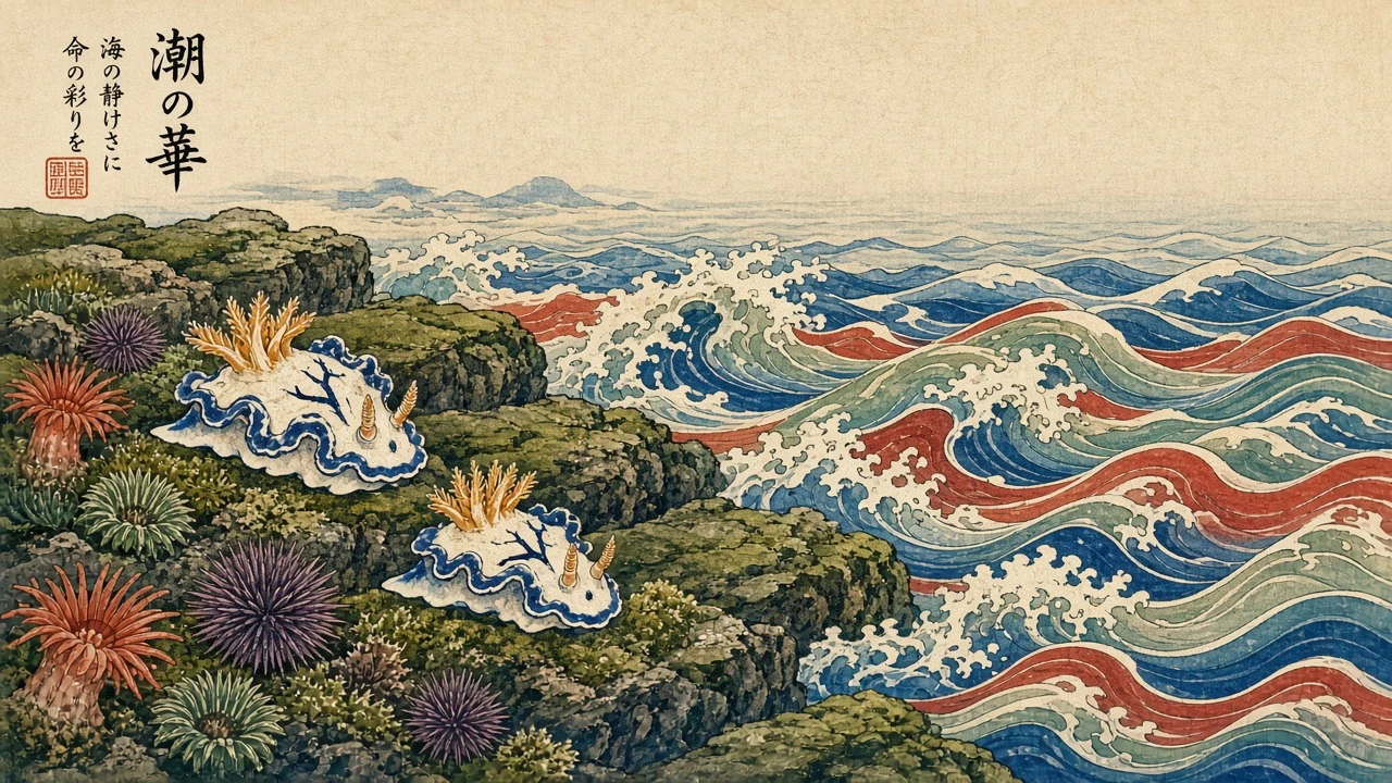 Japanese Woodblock Inspired Tide Pool Garden with Giant Pacific Nudibranchs