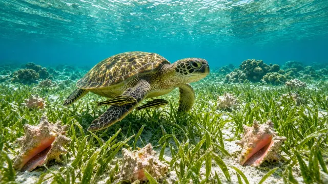 Panoramic Caribbean Seagrass Meadow with Grazing Green Sea Turtle