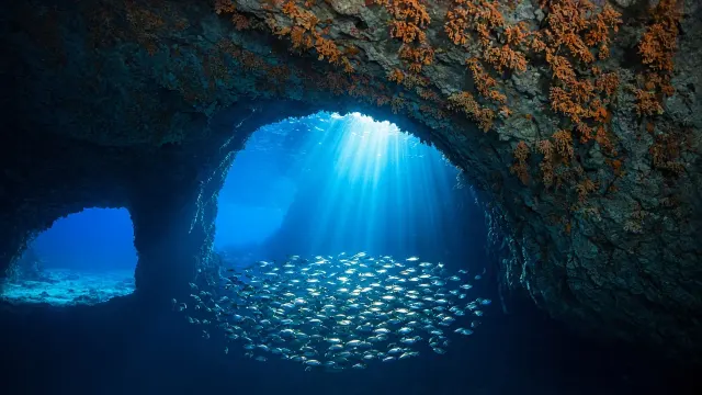 Mediterranean Limestone Sea Cave with Azure Light Shafts and Bream