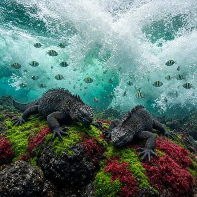 Galapagos Marine Iguanas Grazing Algae Amidst Crashing Surge