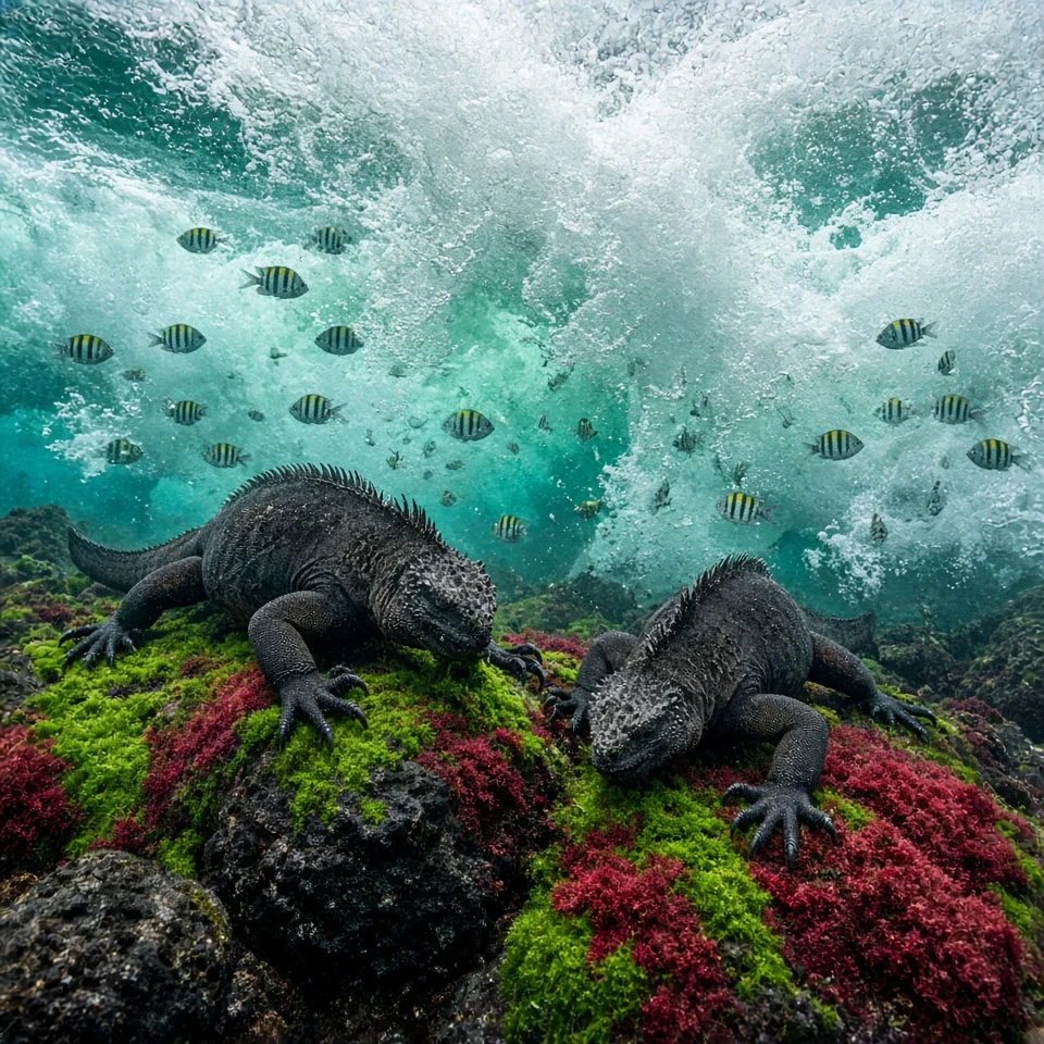 Galapagos Marine Iguanas Grazing Algae Amidst Crashing Surge