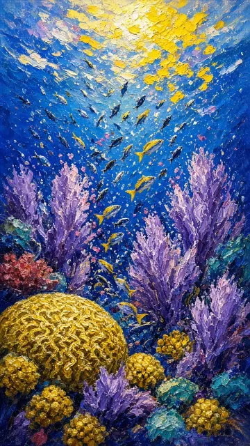 Impressionist Oil Painting of an Atlantic Coral Reef with Heavy Impasto