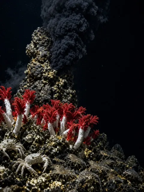 Abyssal Hydrothermal Vent Chimney with Crimson-Tipped Tubeworms
