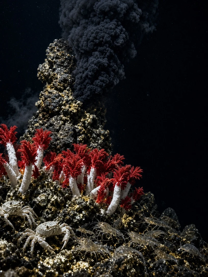 Abyssal Hydrothermal Vent Chimney with Crimson-Tipped Tubeworms