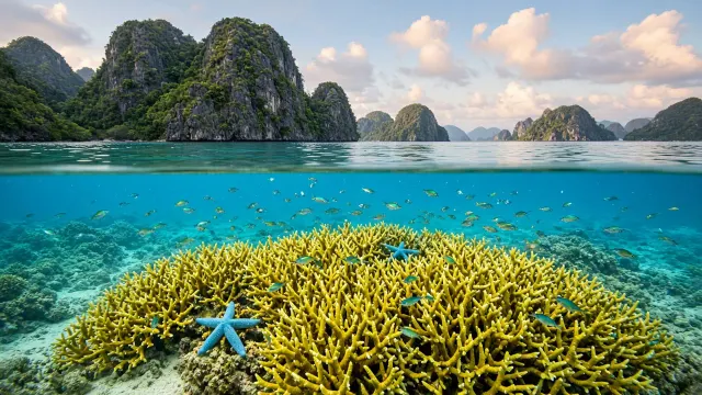 Split-Shot Over-Under View of Raja Ampat Karst Islands and Coral Shelf