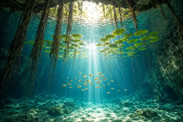 Sunbeam Cathedral in a Yucatecan Cenote with Water Lilies and Roots