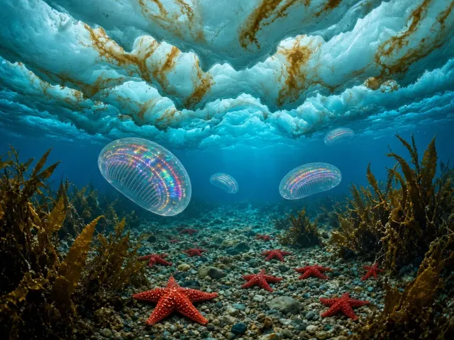 Arctic Under-Ice Algae Forest with Luminescent Comb Jellies