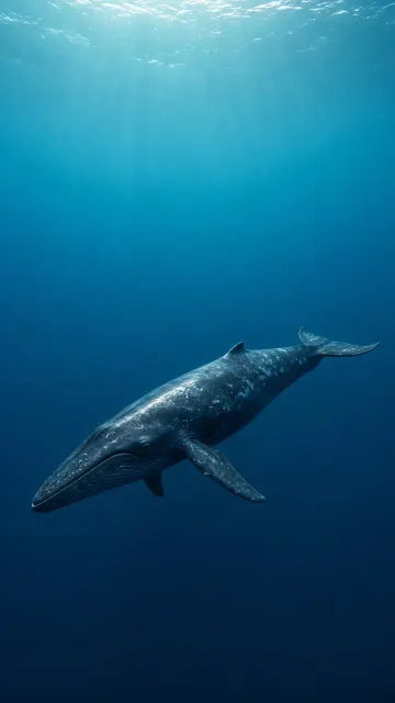 Minimalist Vertical Blue Whale Silhouette in Luminous Open Ocean