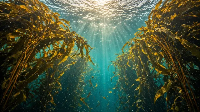 Upward Kelp Canopy Silhouette Under Shimmering Ocean Ceiling