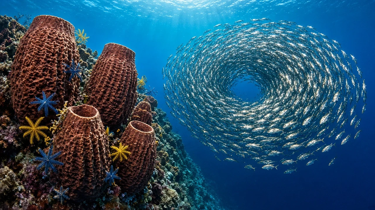 Monumental Panoramic Indonesian Wall with Giant Barrel Sponges and Swirling Jacks