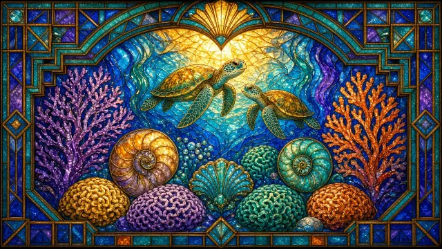 Art Deco Stained Glass Interpretation of an Intricate Coral Biosphere