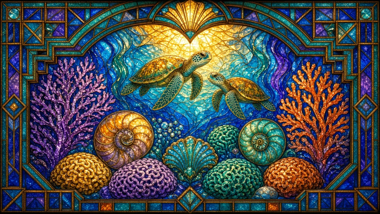Art Deco Stained Glass Interpretation of an Intricate Coral Biosphere