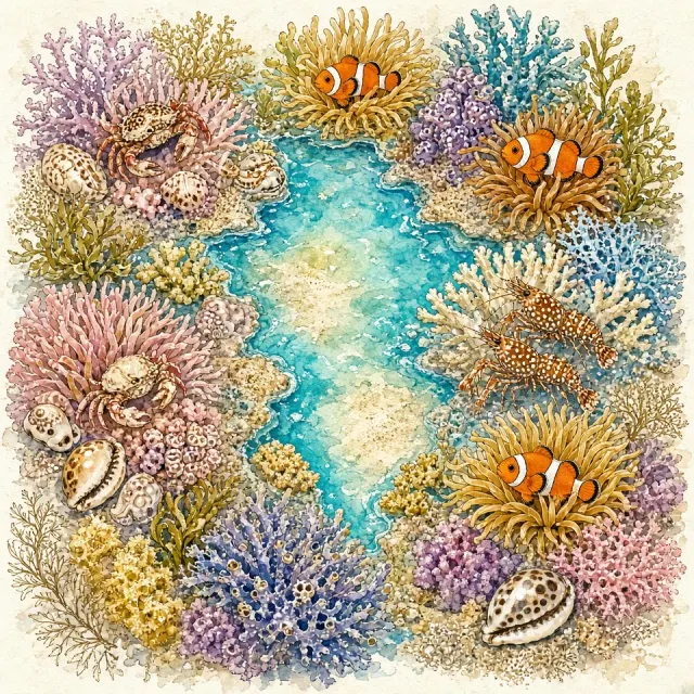Whimsical Watercolor and Gouache Illustration of a Bustling Coral Atoll