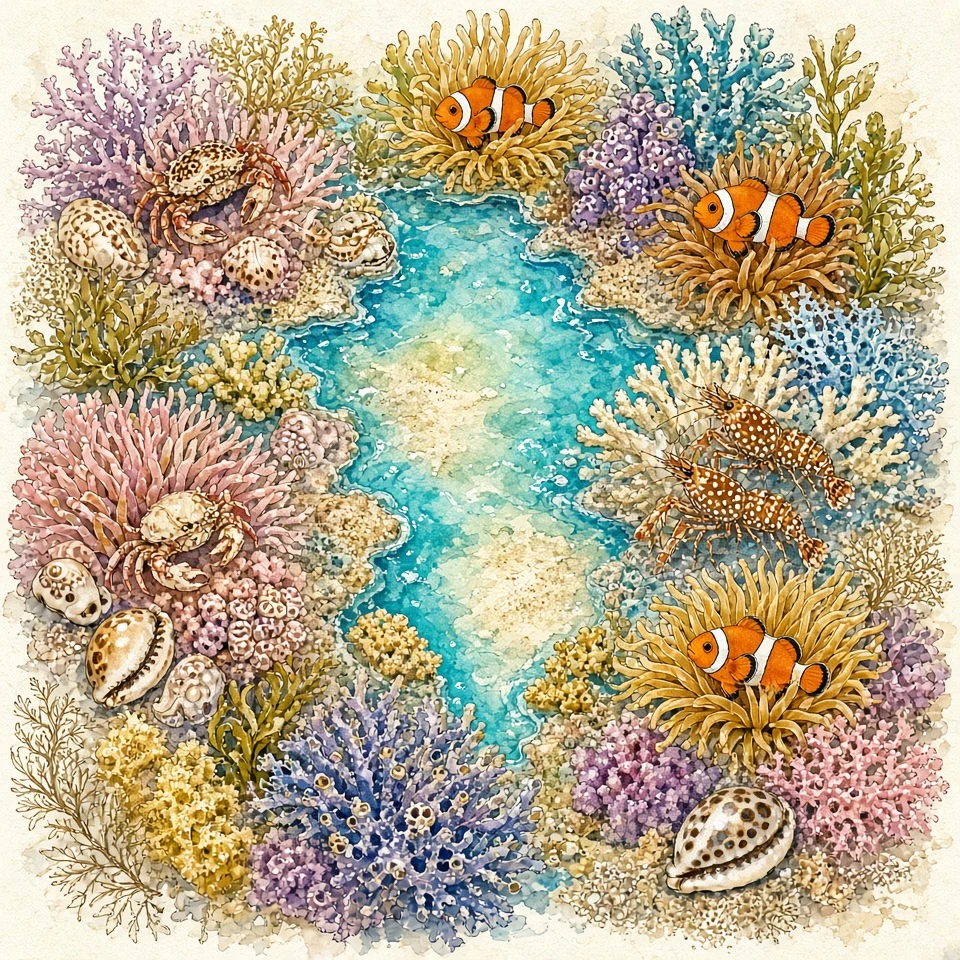Whimsical Watercolor and Gouache Illustration of a Bustling Coral Atoll