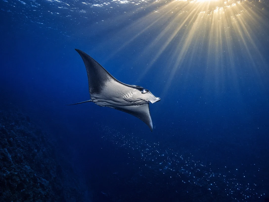 Vertical Action Shot of a Mobula Ray Soaring over Deep Pelagic Trench