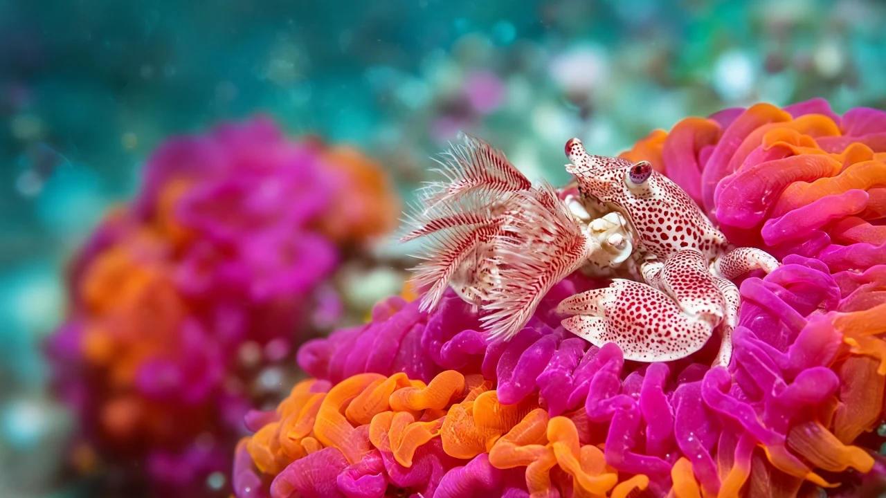 Close-Up Macro Portrait of Porcelain Anemone Crab on Neon Carpet Anemone