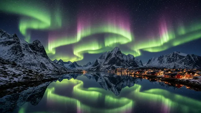 Emerald and Magenta Aurora Curtains Over Reine Fjord