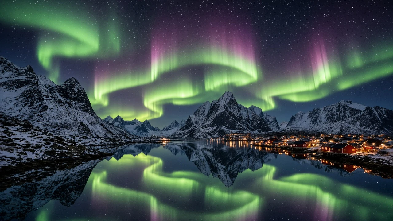 Emerald and Magenta Aurora Curtains Over Reine Fjord