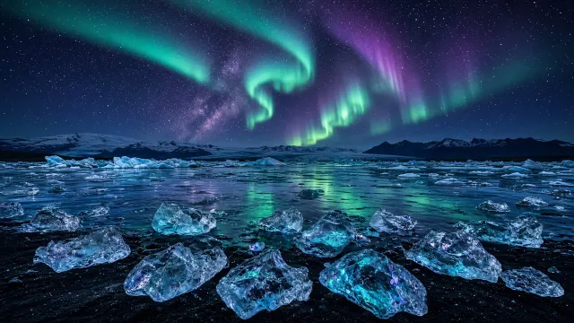 Diamond Icebergs Beneath Viridian and Violet Aurora Bands