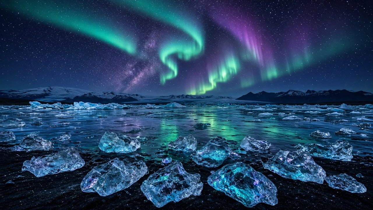 Diamond Icebergs Beneath Viridian and Violet Aurora Bands