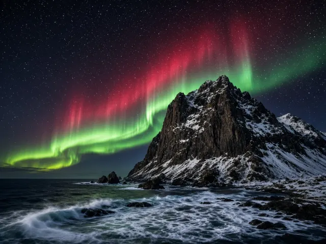 Ruby and Chartreuse Aurora Wave Over Segla Mountain Spine