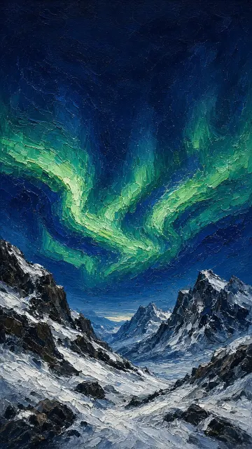Impasto Oil Painting of Sweeping Arctic Aurora Pass