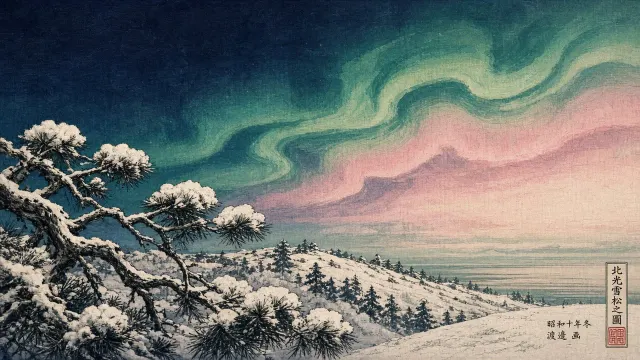 Ukiyo-e Woodblock Print of Northern Lights Over Snow Pines
