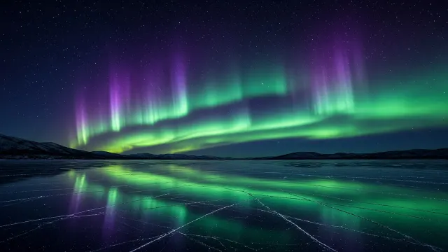 Wind-Polished Mirror Ice Beneath Geostorm Ribbons at Torneträsk
