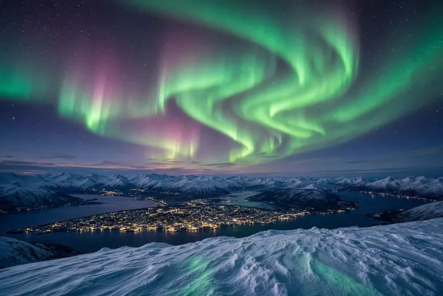 High-Ridge Panorama of Tromsø Fjord Under Electric Green Canopy