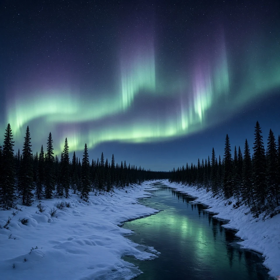 Meandering Yukon River Beneath Pale Cyan Auroral Veil