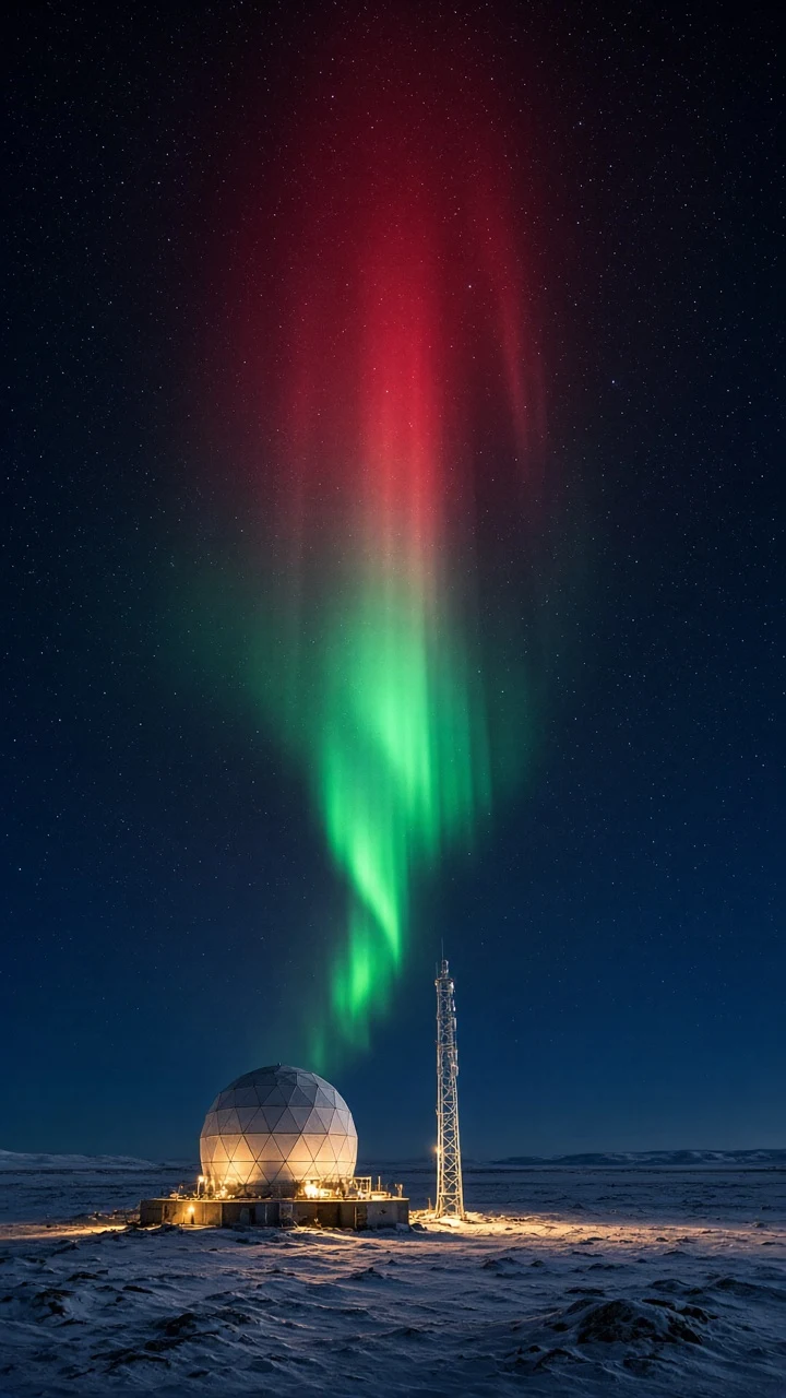 Arctic Weather Station Dome Under Towering Ionospheric Pillar
