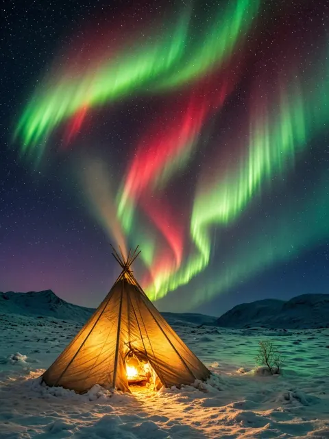 Illuminated Traditional Lavvu Beneath Swirling Arctic Skies