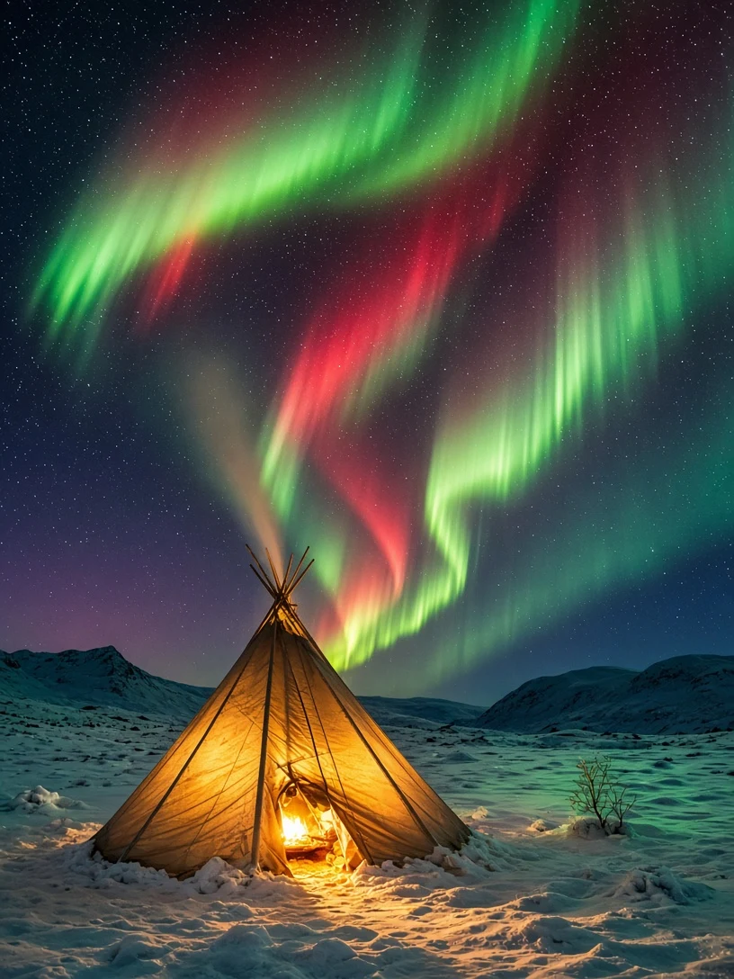 Illuminated Traditional Lavvu Beneath Swirling Arctic Skies