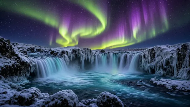 Goðafoss Basalt Horseshoe Flanked by Glowing Auroral Curtains