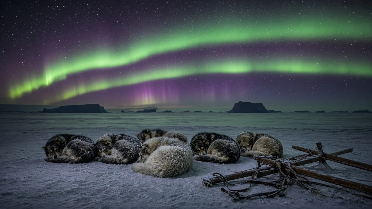 Resting Sled Dog Team Under Arching Greenland Auroral Ribbon
