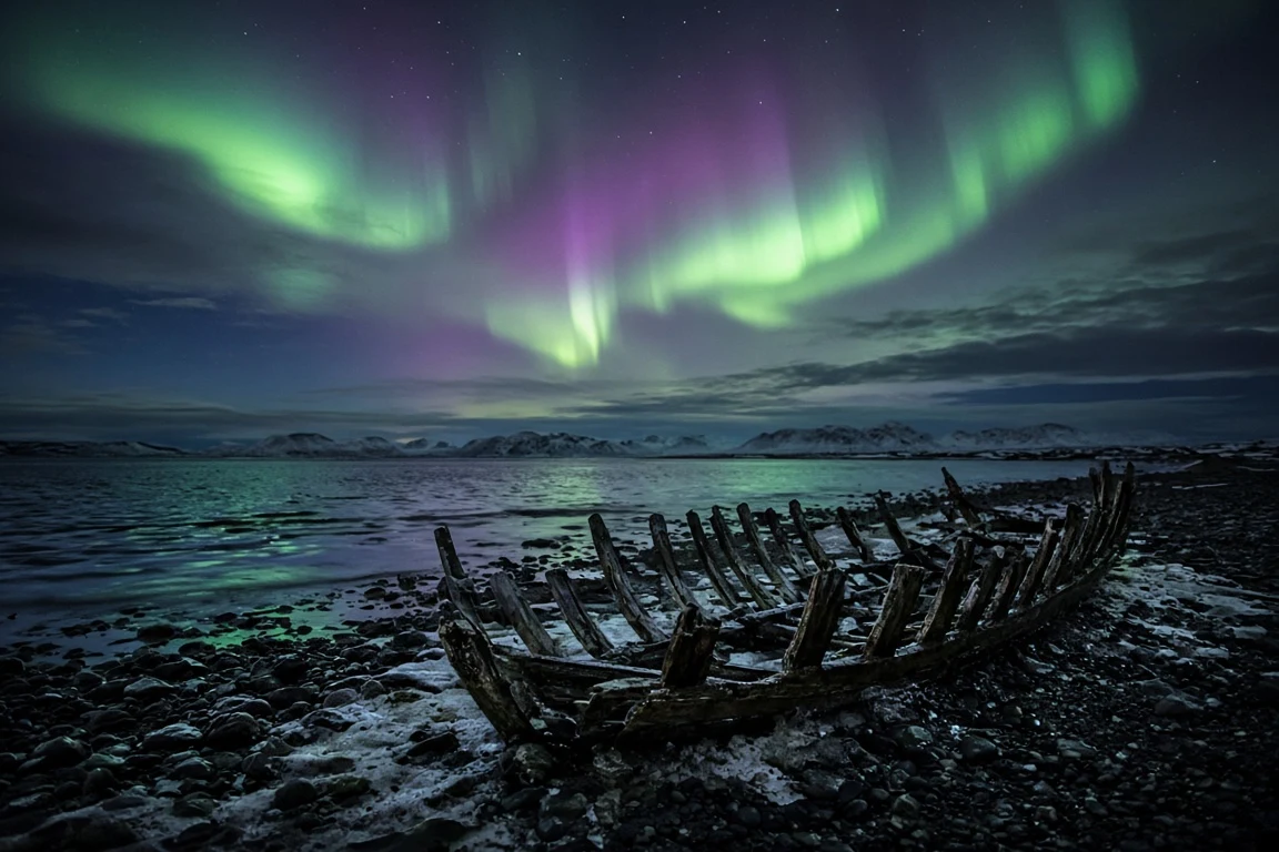 Weathered Wooden Boat Skeleton Under Shimmering Polar Sky